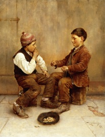 CH822672 Pick a Hand, 1889 (oil on canvas) by Witkowski, Karl (1860-1910); 66.2x50.9 cm; Private Collection; (add.info.: Pick a Hand. Karl Witkowski (1860-1910). Oil on canvas. Signed and dated 1889. 66.2 x 50.9cm.); Photo © Christie's Images; American, out of copyright